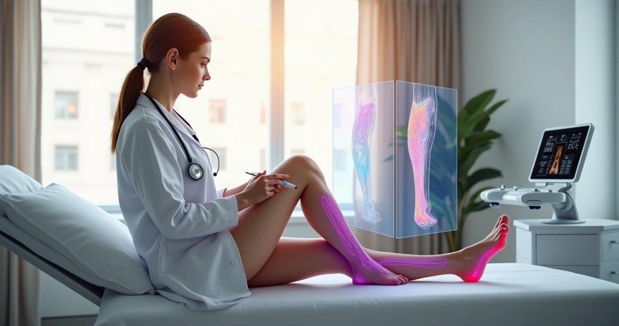 Médico vascular examinando veias nas pernas de paciente em clínica moderna 