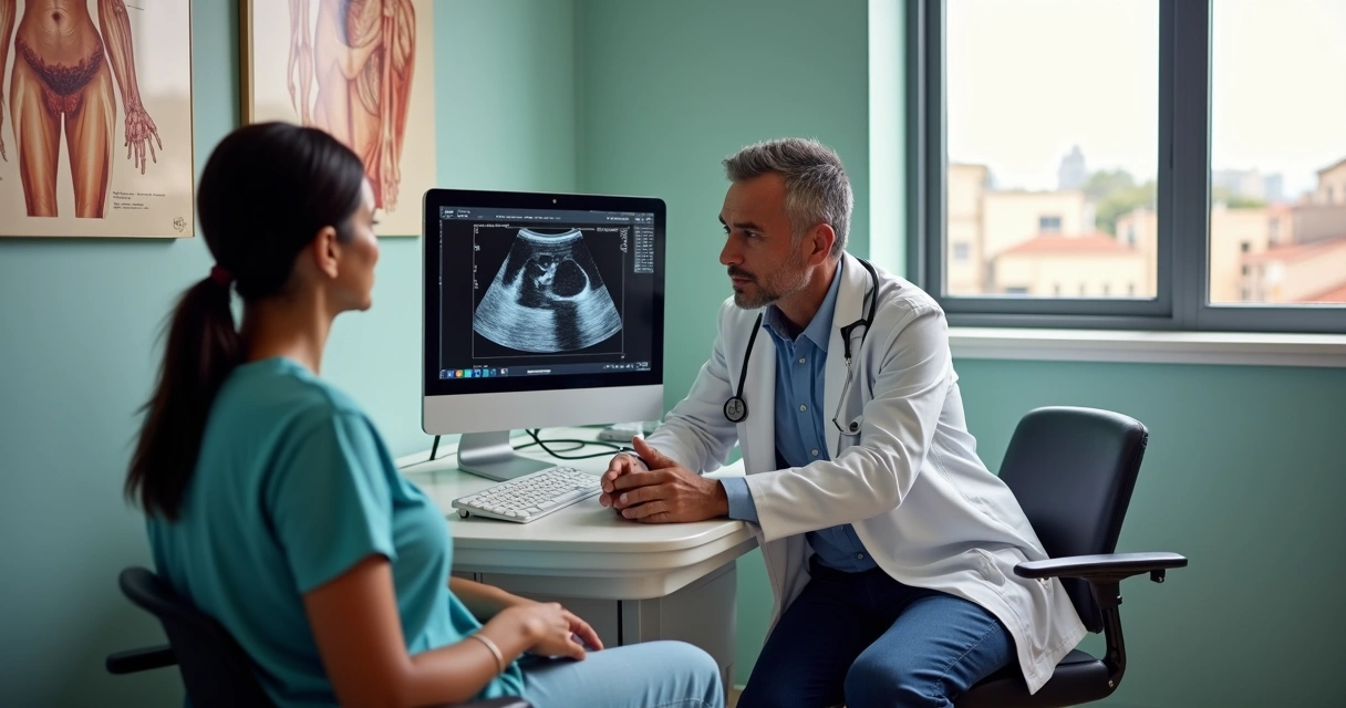 Consulta vascular com especialista em Salvador, paciente e médico analisando exame de ultrassom nas pernas 