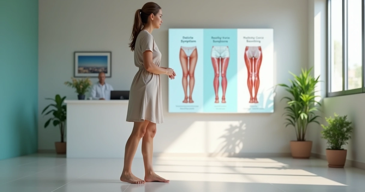 Paciente observando vasinhos leves nas pernas em frente a painel educativo de circulação das pernas 