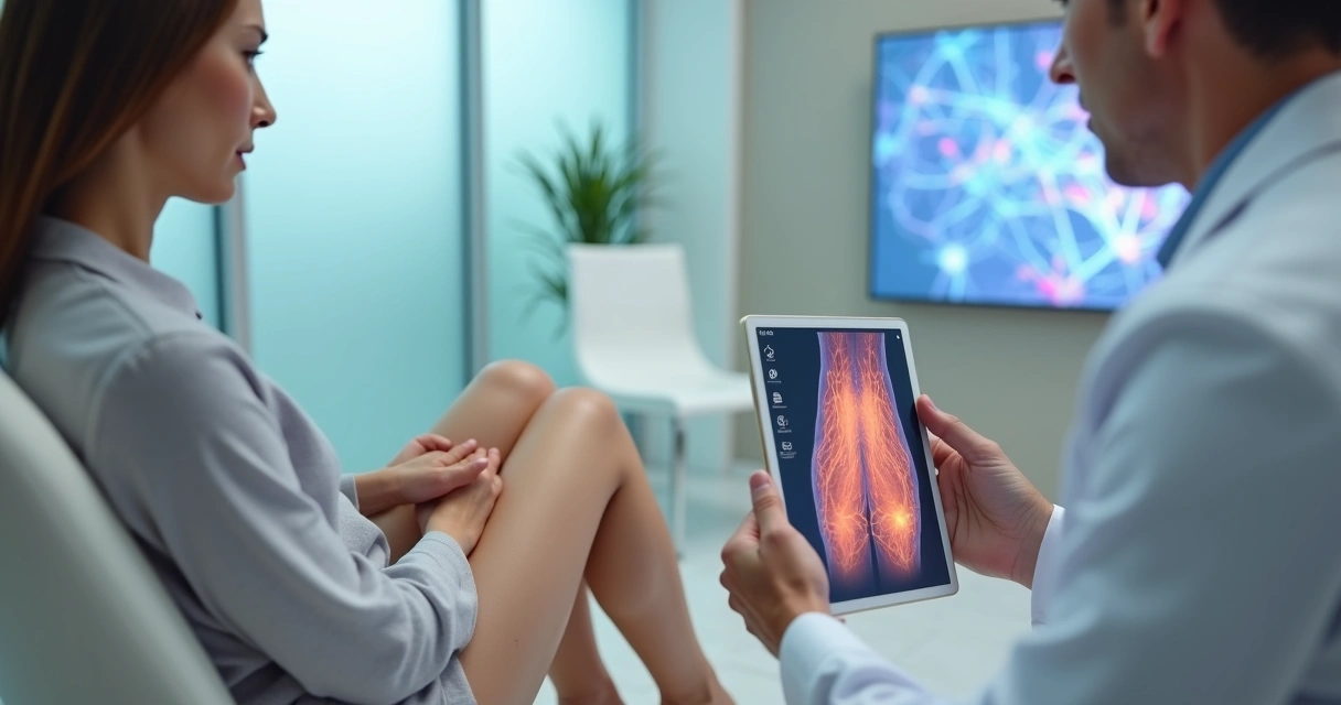 Paciente em consulta vascular analisando vasinhos nas pernas em tablet com ilustrações das veias 
