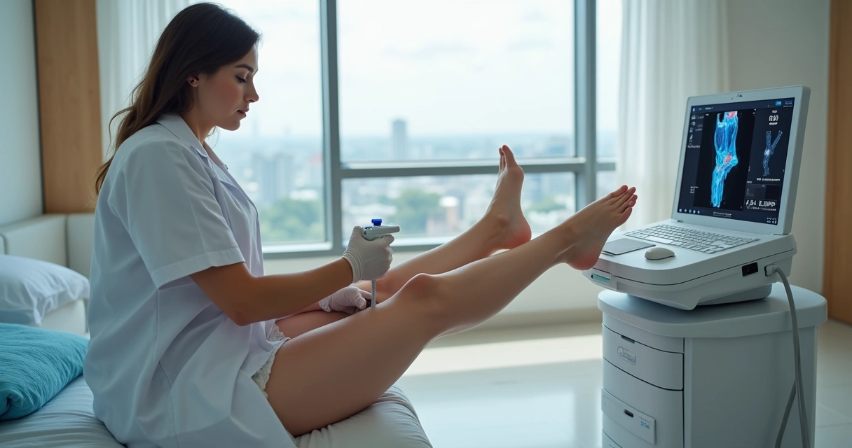 Angiologista examinando pernas com veias aparentes em consultório moderno 