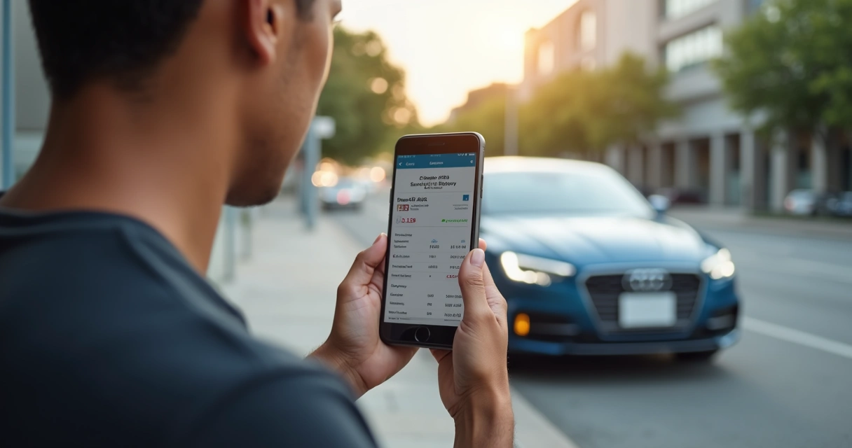 Pessoa segurando smartphone com tela mostrando histórico veicular pela placa 