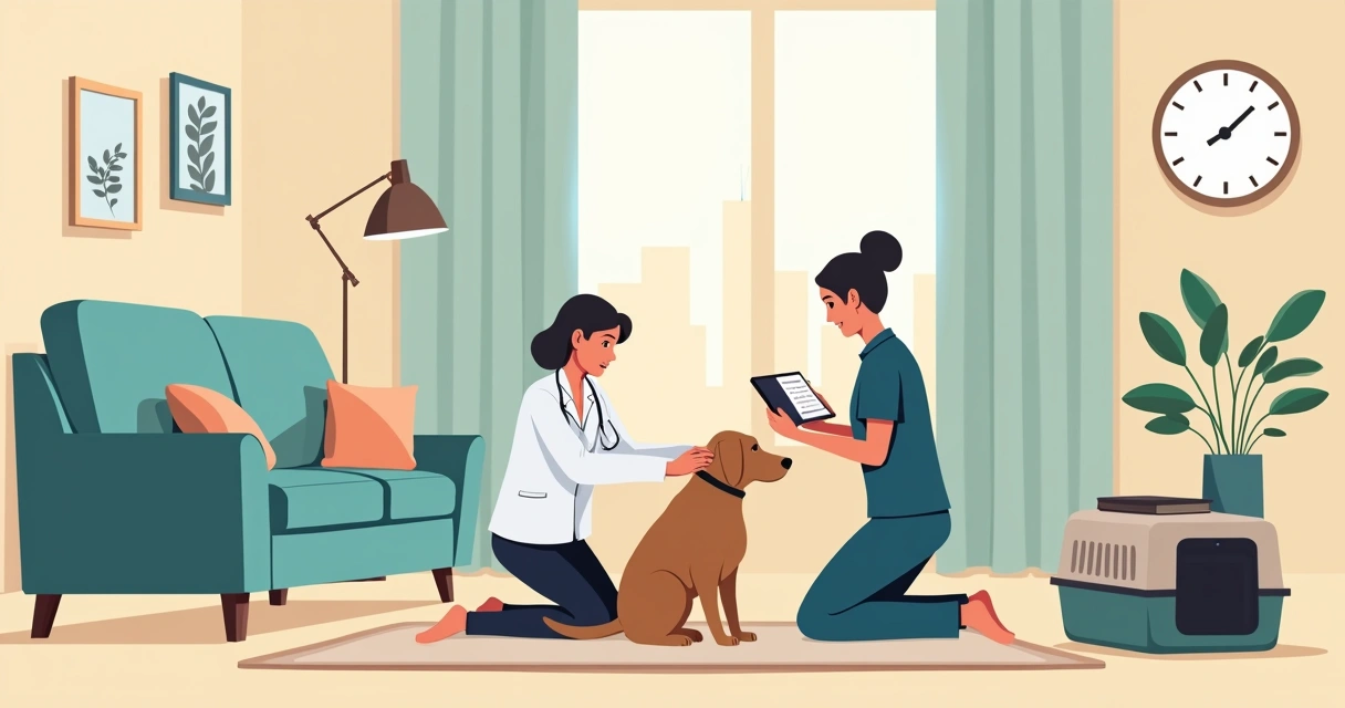 Veterinário atendendo cachorro na sala de estar usando tablet para consulta domiciliar 