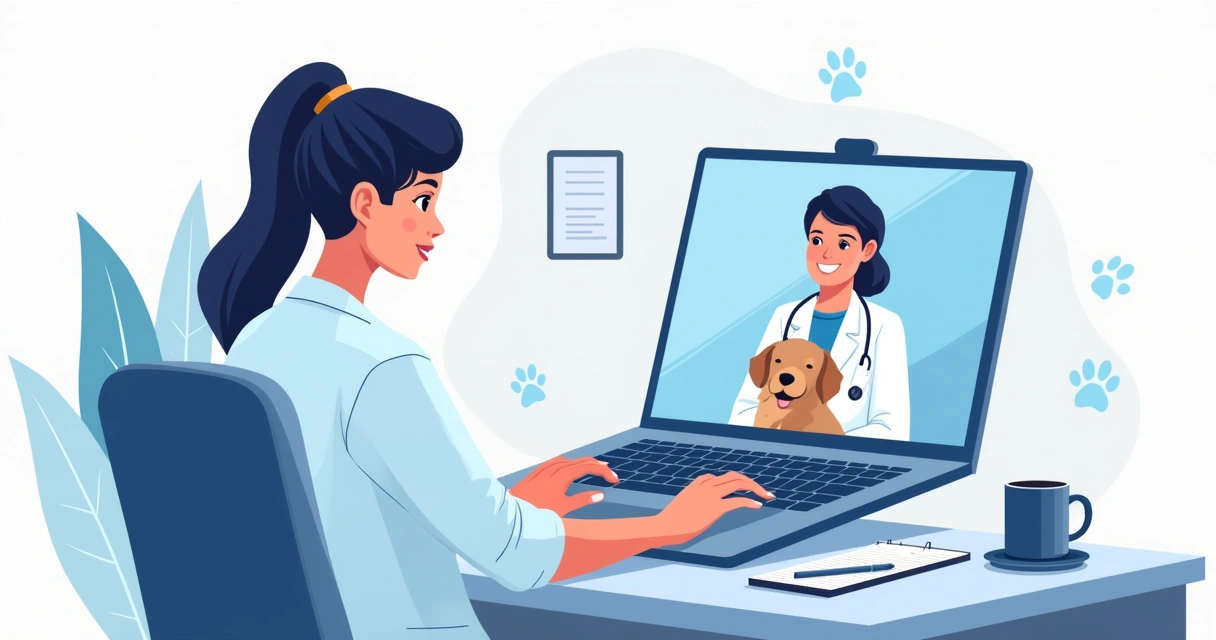 Veterinário atendendo cliente por consulta online com computador e animal de estimação 