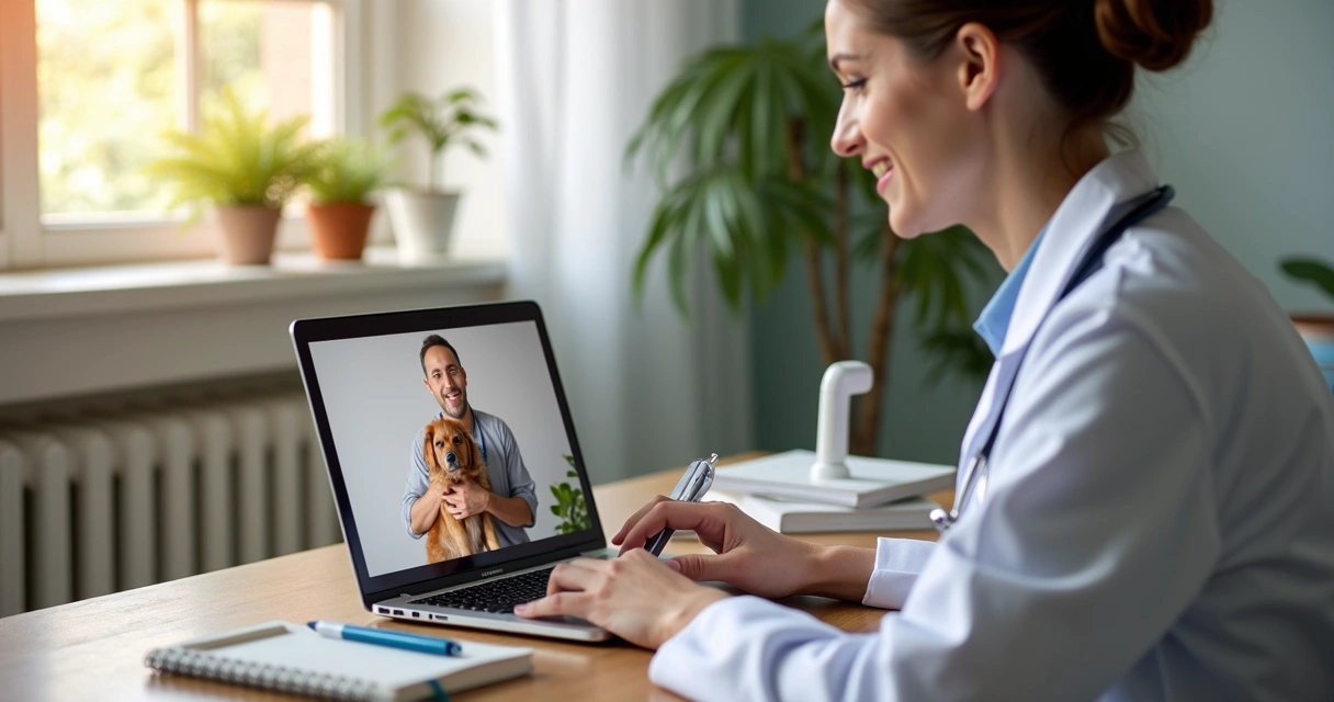 Veterinário atendendo paciente pet por telemedicina em laptop moderno