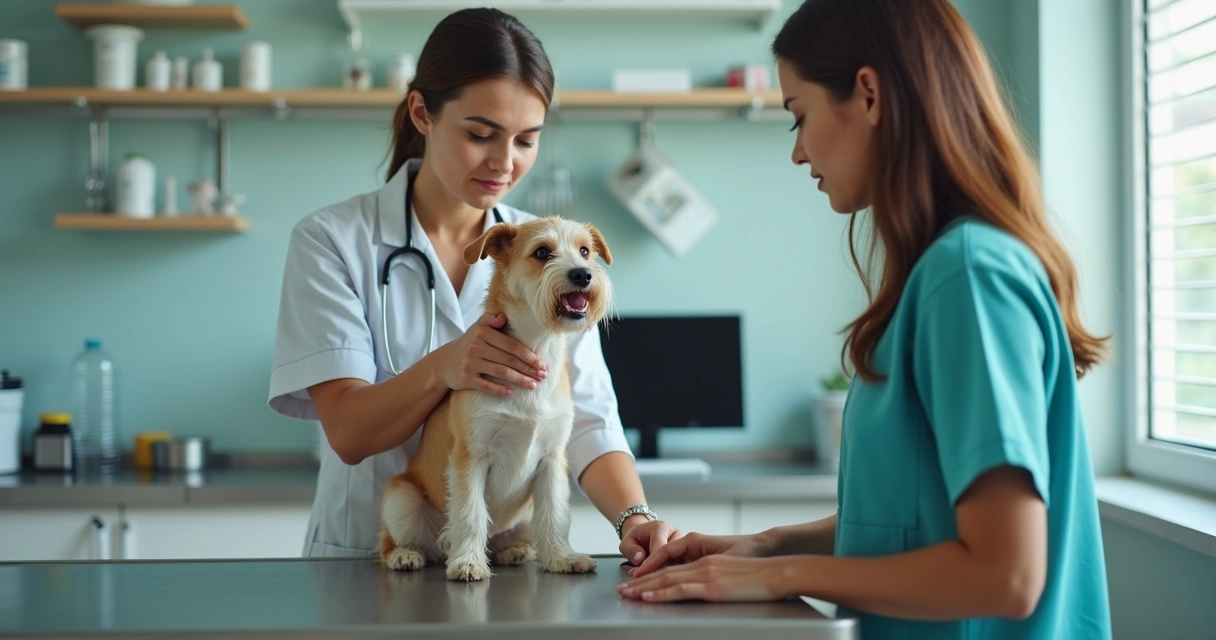 Veterinária examinando um cachorro em consultório 