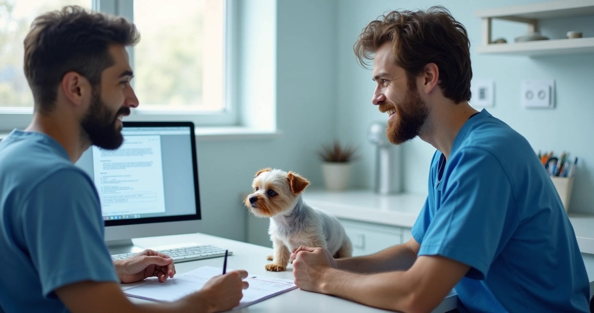Tutor com cachorro em consulta com veterinário explicando procedimentos