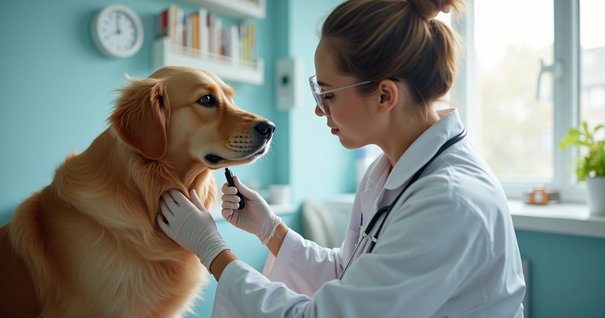 Veterinário examinando pele de cachorro em consultório com equipamentos. 