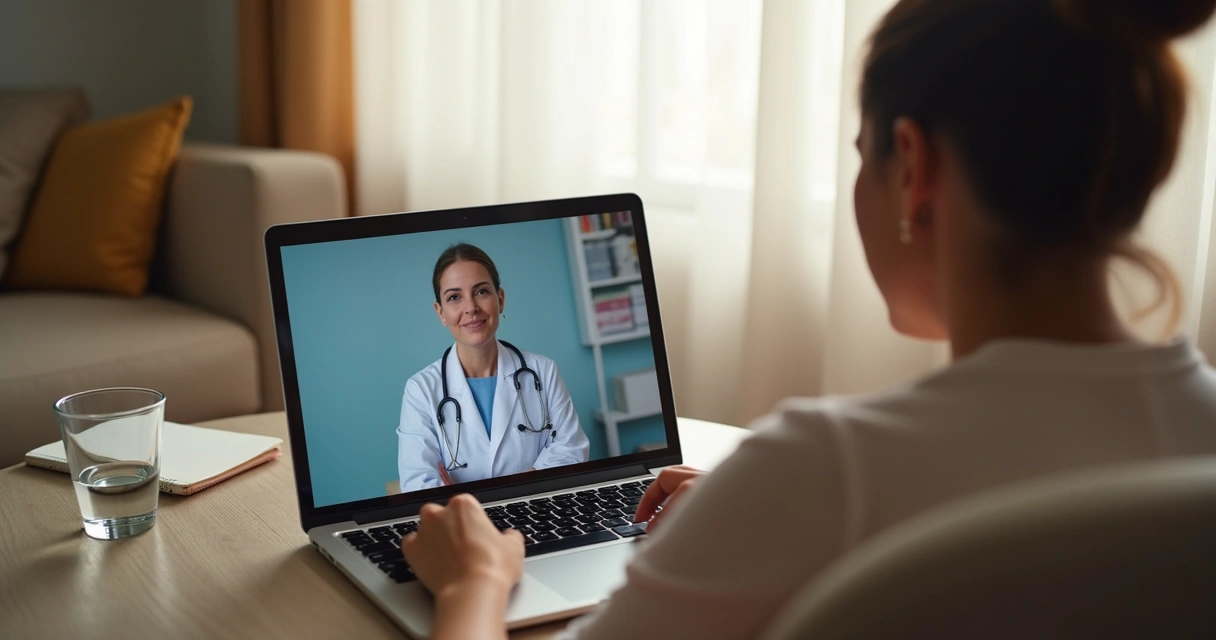 Paciente conversa por videochamada com médica em ambiente tranquilo e claro 