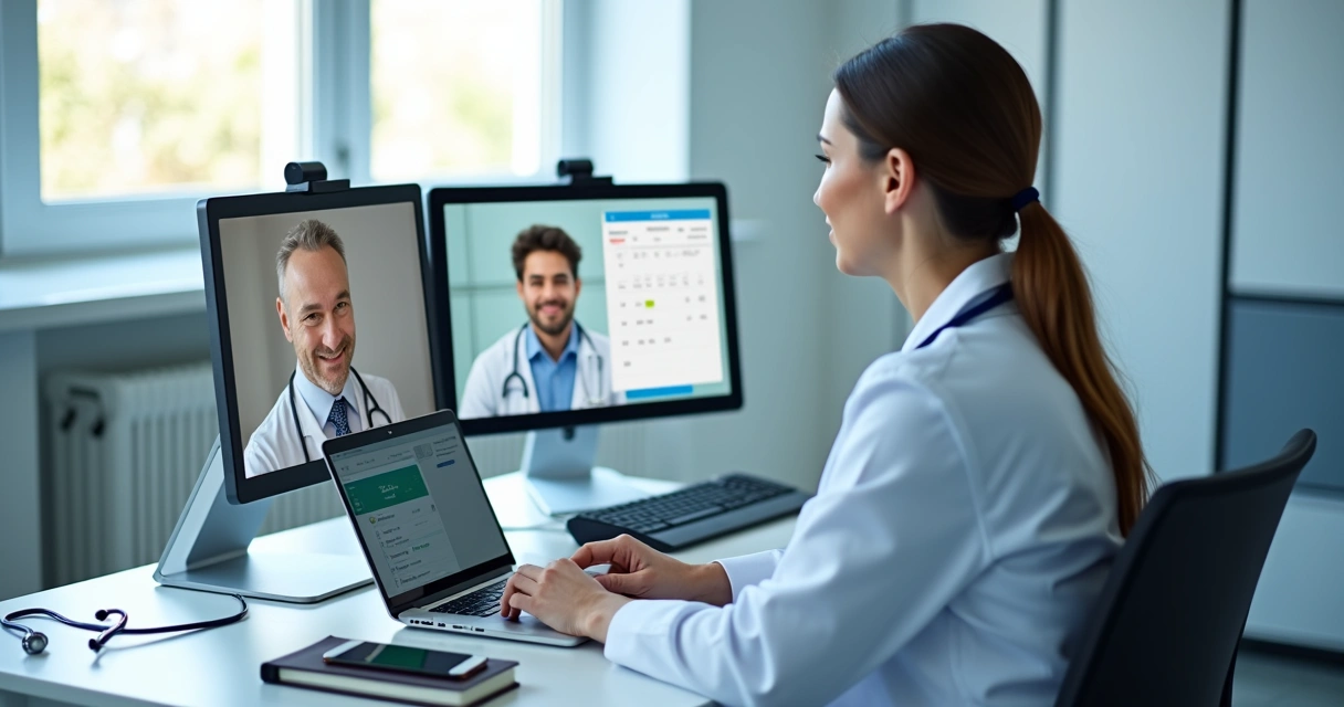 Profissional de saúde em teleconsulta com agenda digital na tela 