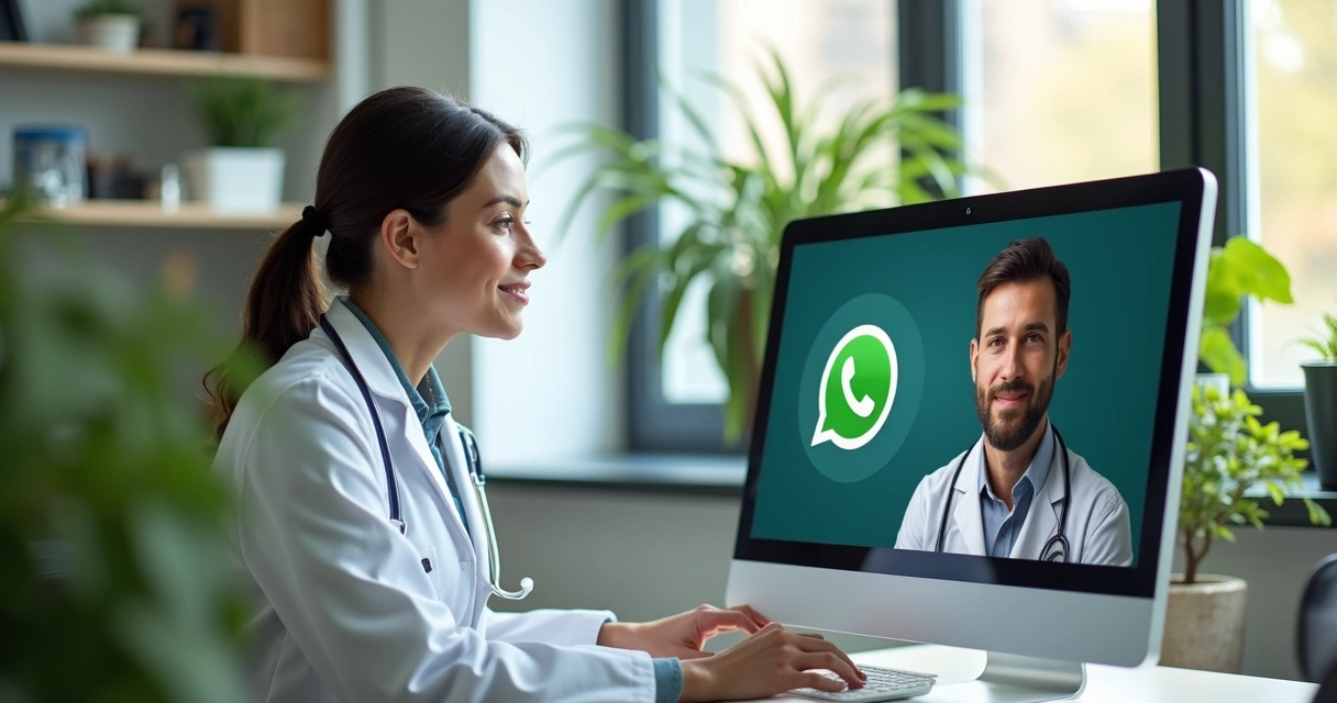Médico conversando online com paciente pelo WhatsApp em sala confortável 
