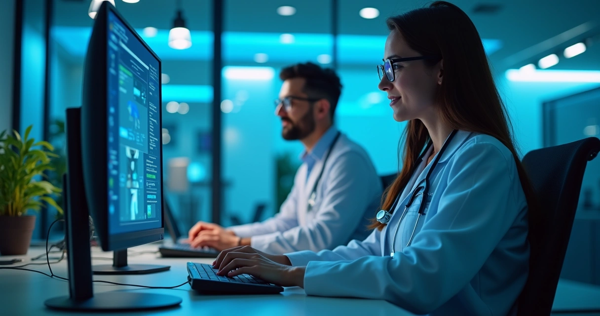 Médico e paciente em videoconferência em um ambiente corporativo moderno, ambos atentos à tela 