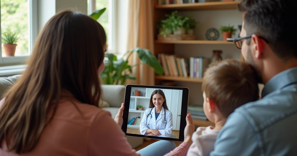 Família em casa durante consulta virtual com médico usando tablet na sala de estar.