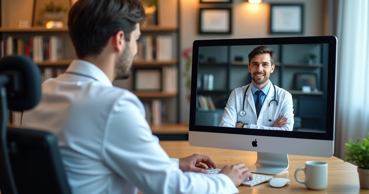 Médico e paciente em atendimento virtual por computador 