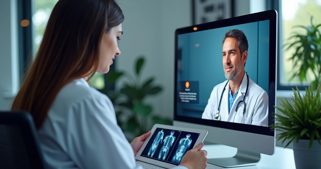Médico em vídeo chamada analisando exame digital com paciente 