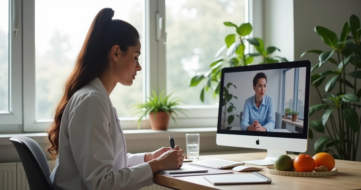 Nutricionista em consulta virtual com paciente no notebook 