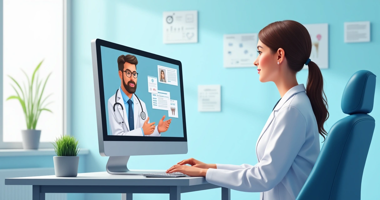 Dentista em consulta virtual com paciente via computador.