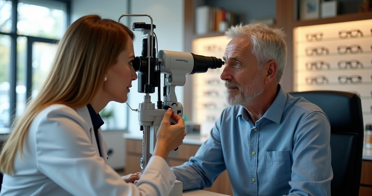 Optometrista realizando exame de vista em cliente na ótica 