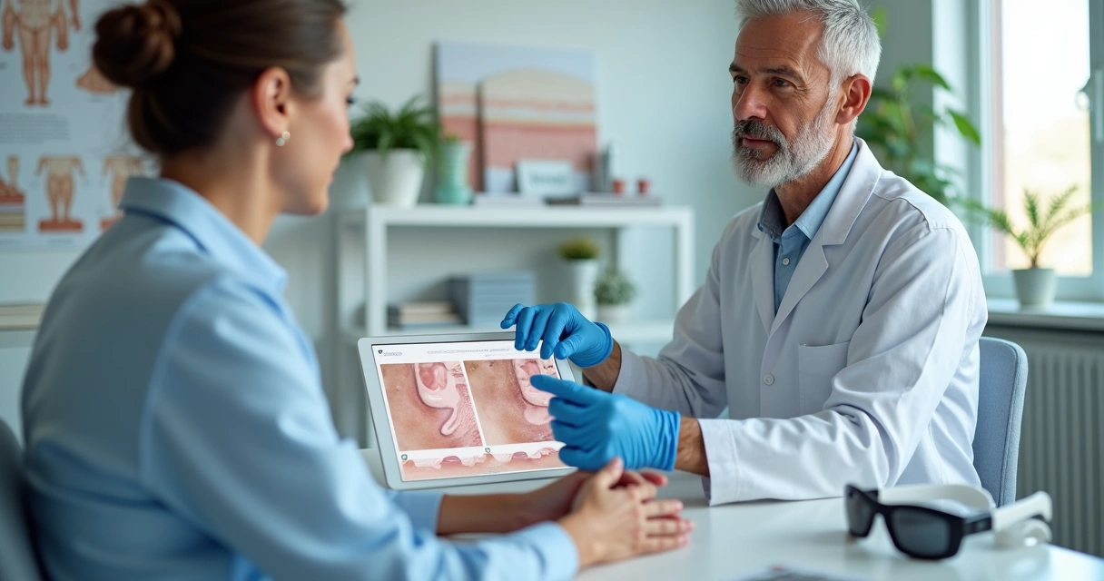 Dermatologista avaliando manchas de vitiligo no rosto de paciente durante consulta 