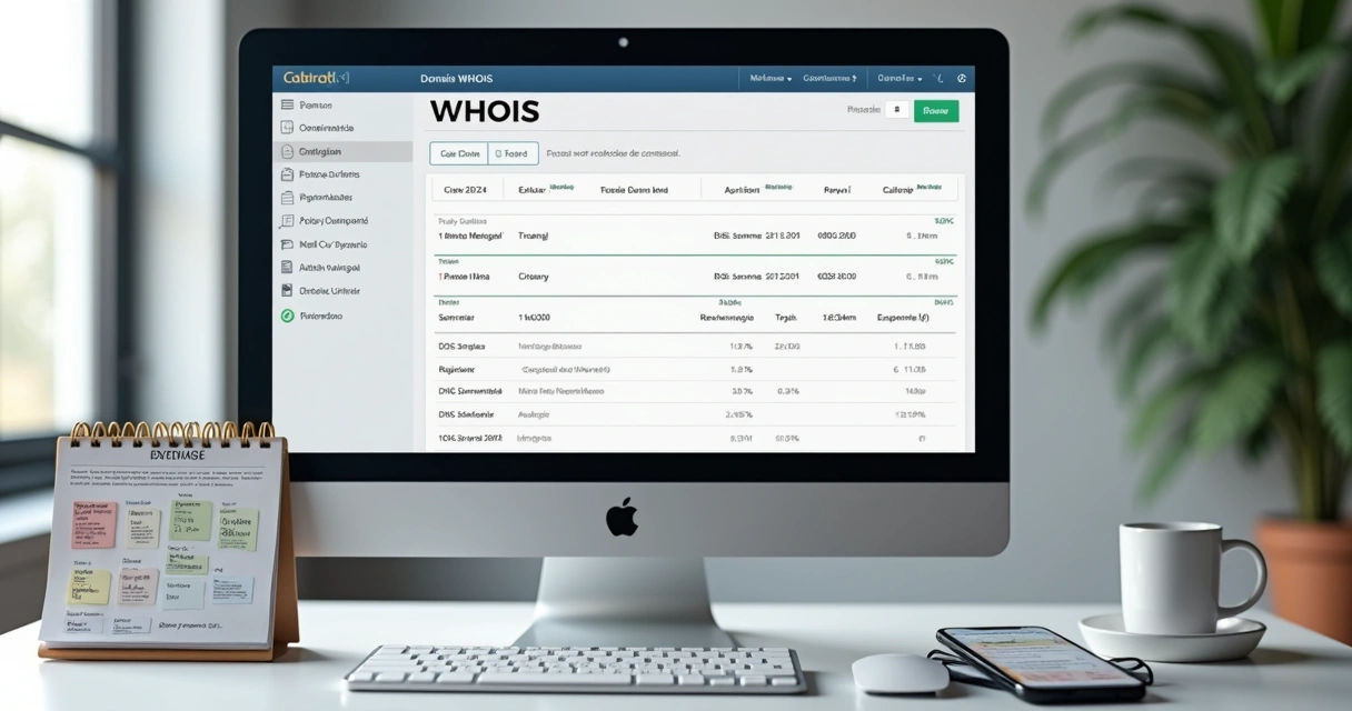 Tela de consulta WHOIS com dados de domínio e calendário de expiração 