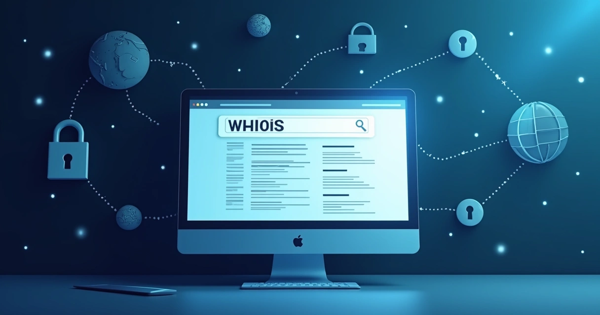 Página de consulta WHOIS exibindo dados de domínio em tela de computador