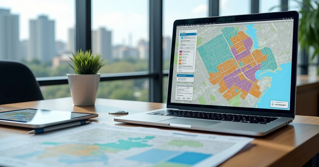 Mapa urbano digital com zoneamento colorido e dados imobiliários na tela de um notebook 