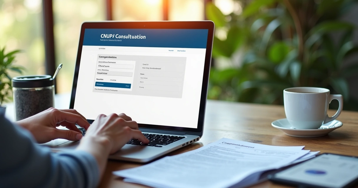 Pessoa em escritório fazendo consulta de CNPJ em notebook 