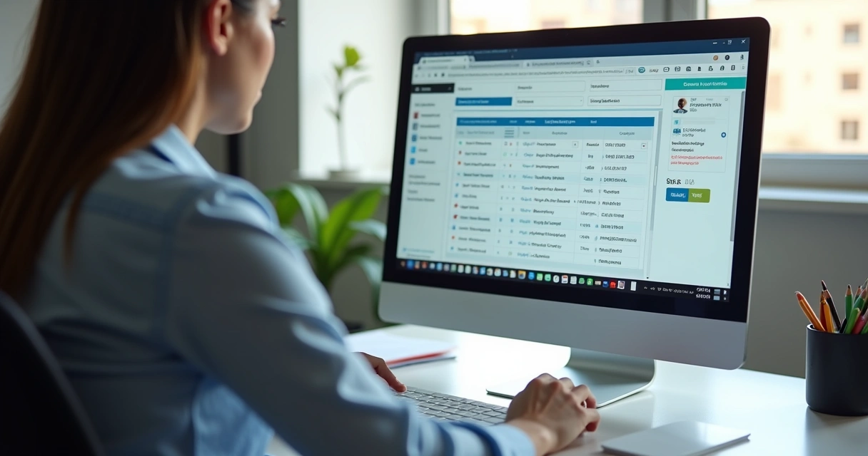 Pessoa consultando dados cadastrais de empresas em tela de computador 