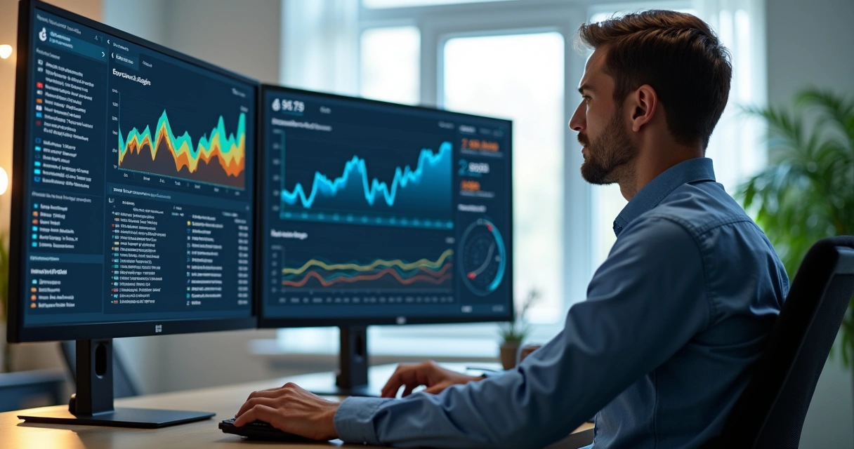 Profissional analisando gráficos e listas de palavras-chave em várias telas 