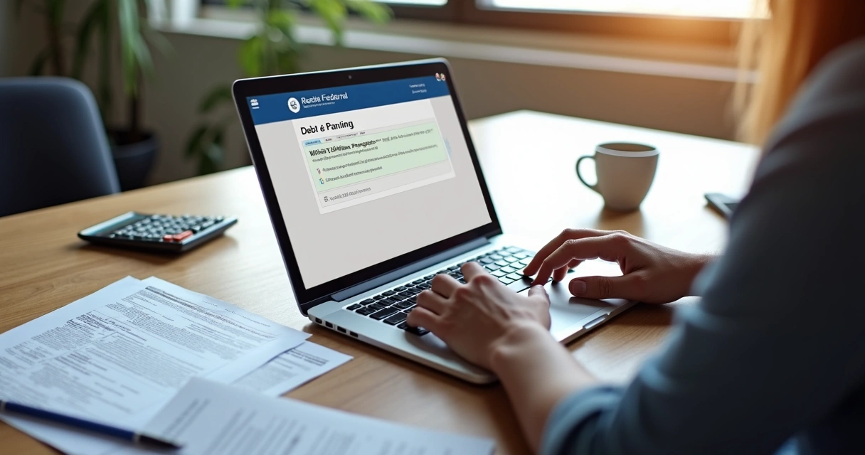 Pessoa usando notebook consultando débitos fiscais no portal da Receita Federal.