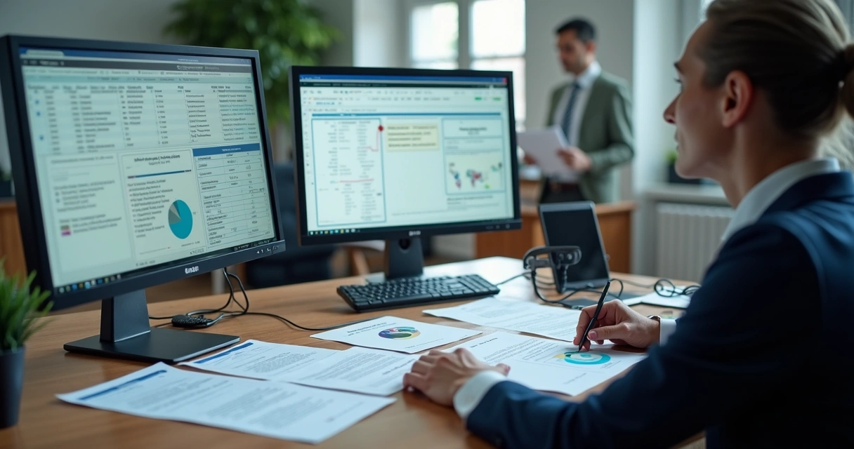 Analista consultando documentos fiscais em computador, com várias telas e papéis sobre a mesa