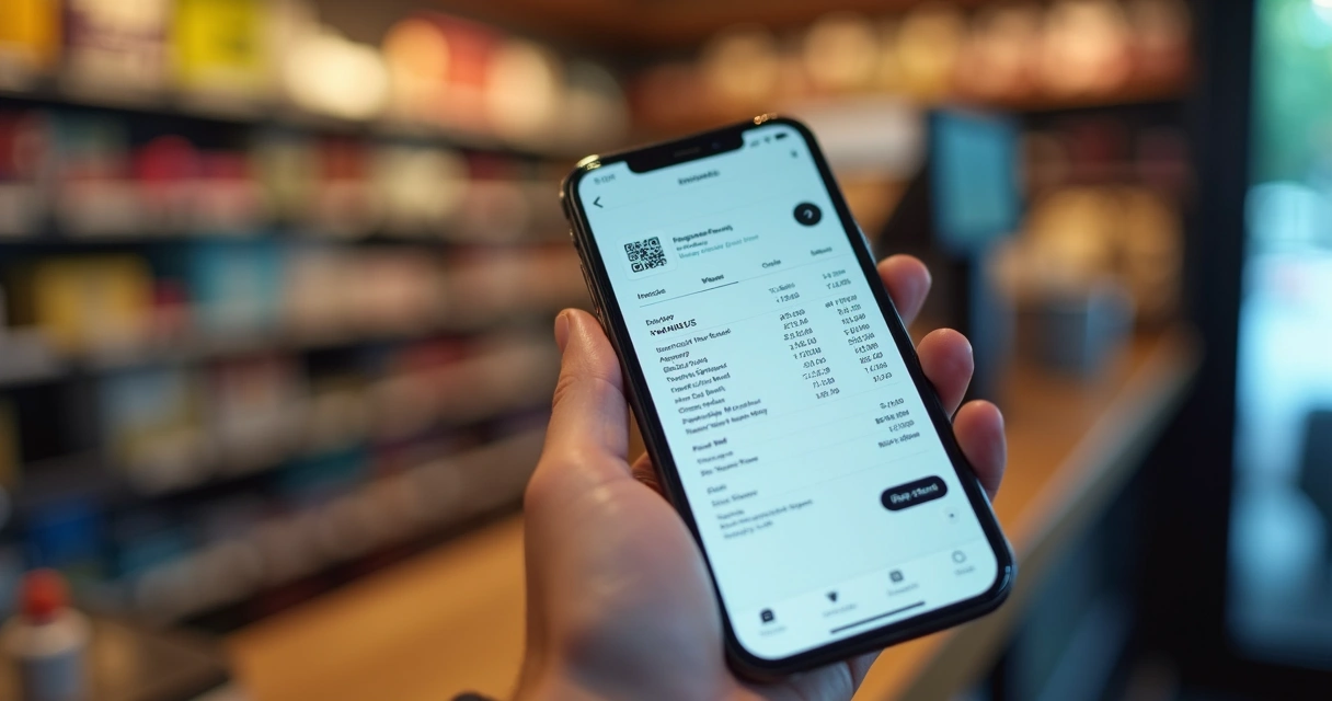 Pessoa consulta NFC-e no celular com código QR, no balcão de uma loja moderna