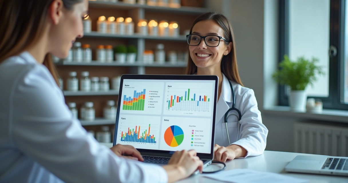 Farmacêutica analisando gráficos de vendas em laptop com frascos de manipulação ao fundo 