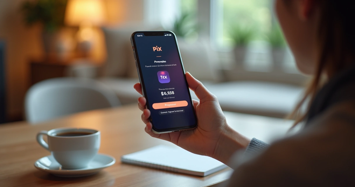 Pessoa usando Pix pelo celular com tela mostrando confirmação 