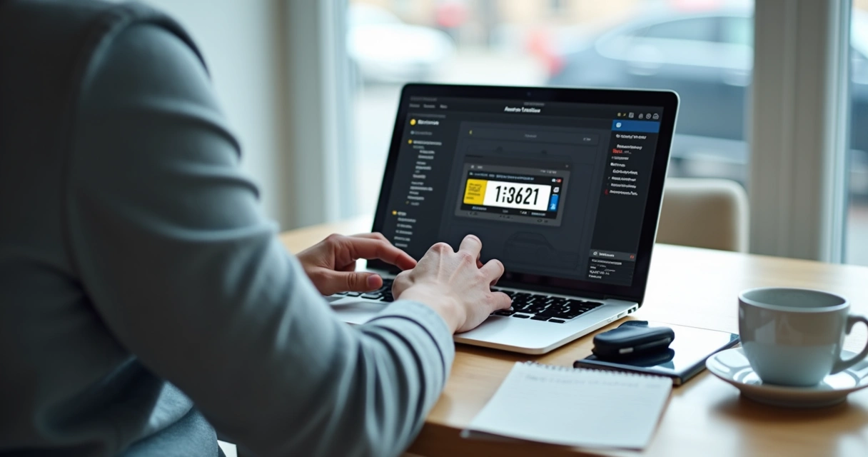 Pessoa usando notebook para consultar placa de carro 