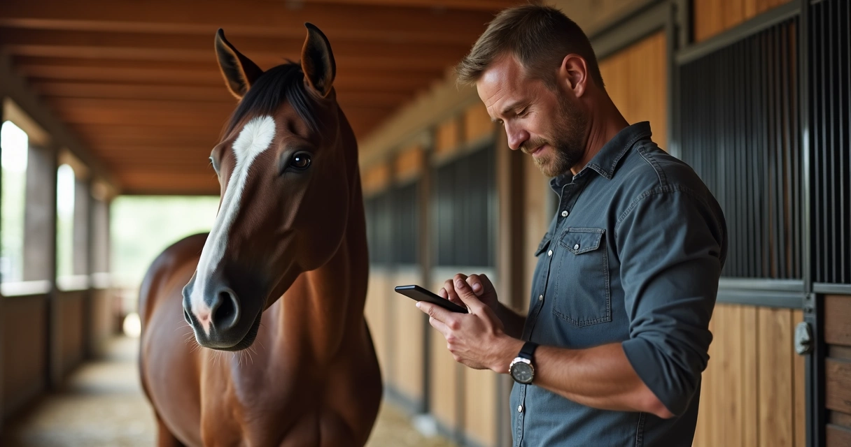 Proprietário de haras em estábulo conferindo registros no celular 
