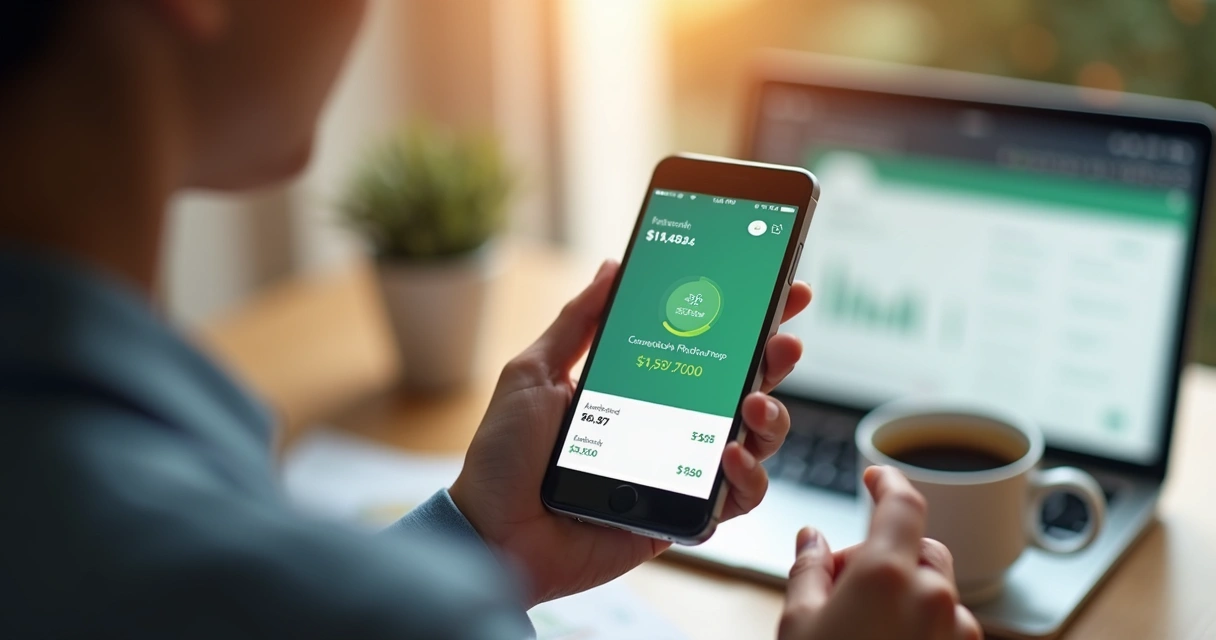 Pessoa utilizando smartphone para verificar saldo disponível com interface financeira clara e moderna no fundo 