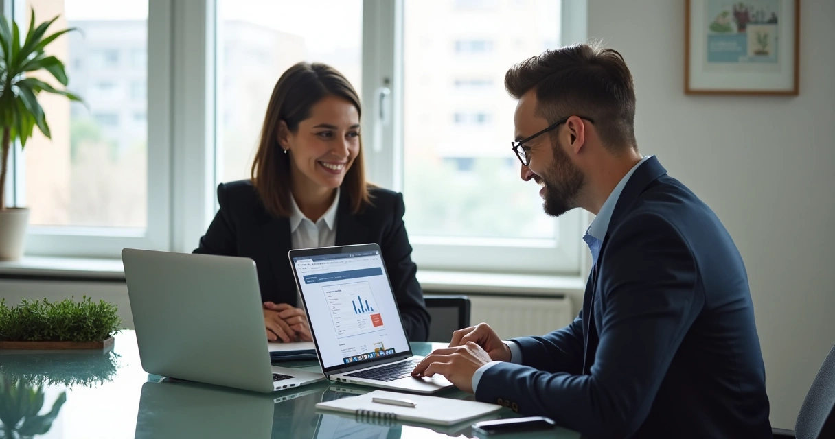 Immigration lawyer and consultant collaborating on a laptop
