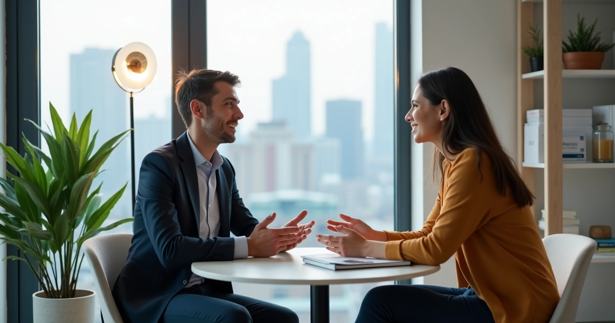 Consultant and client in focused one-on-one conversation across a small table 