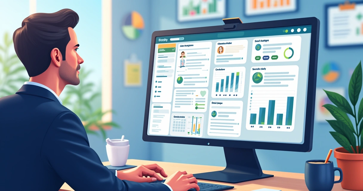 Visual representation of a consultant using a CRM system on a computer, surrounded by client data and notes.