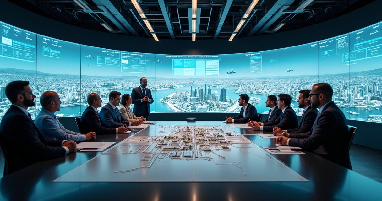 Group of engineering consultants in a meeting with digital screens and city models. 