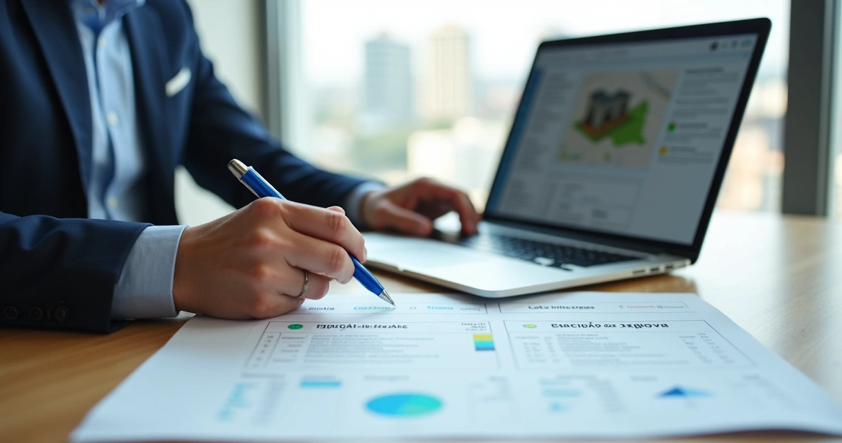 Investidor analisando documentos de gravames de imóvel com destaque para matrícula e certidões negativas 