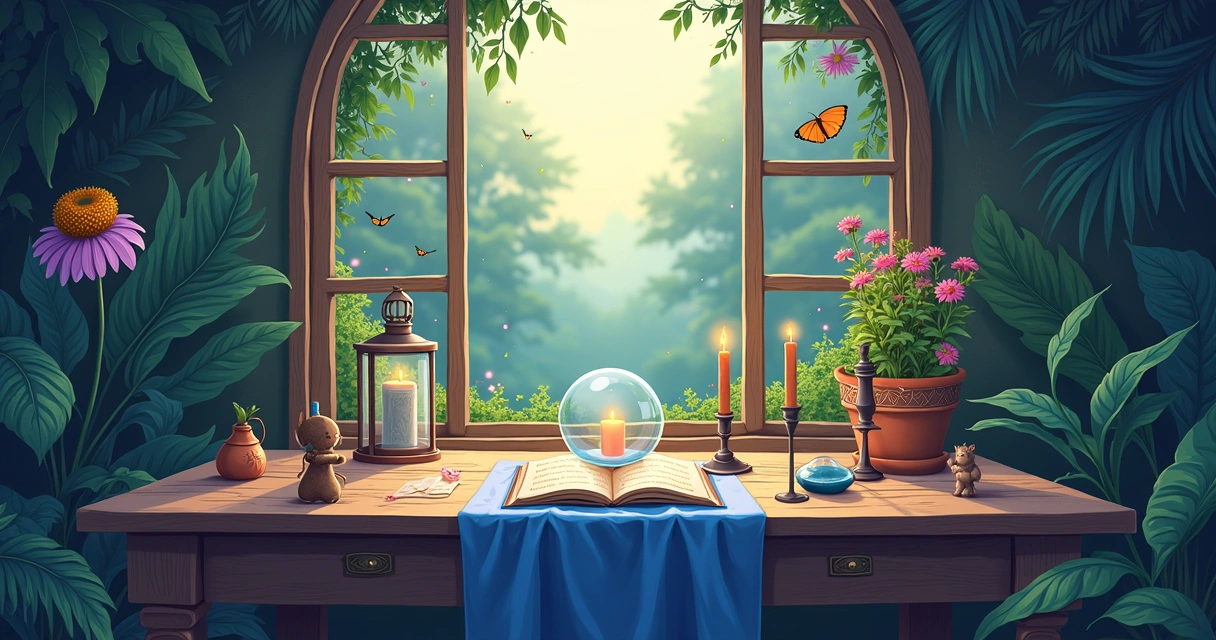 Ambiente tranquilo com mesa de madeira, oráculos, velas e jardim ao fundo em tons suaves.