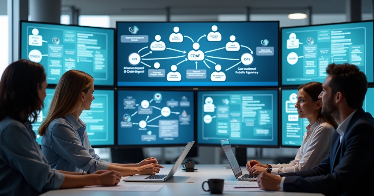Empresários usando computadores para consultar dados integrados do COAF