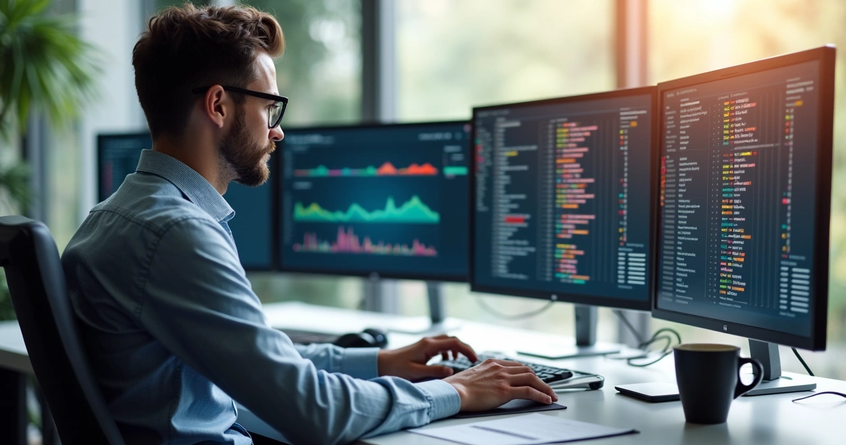 Consultor contábil utilizando múltiplos monitores para fazer consultas em massa em um escritório moderno 