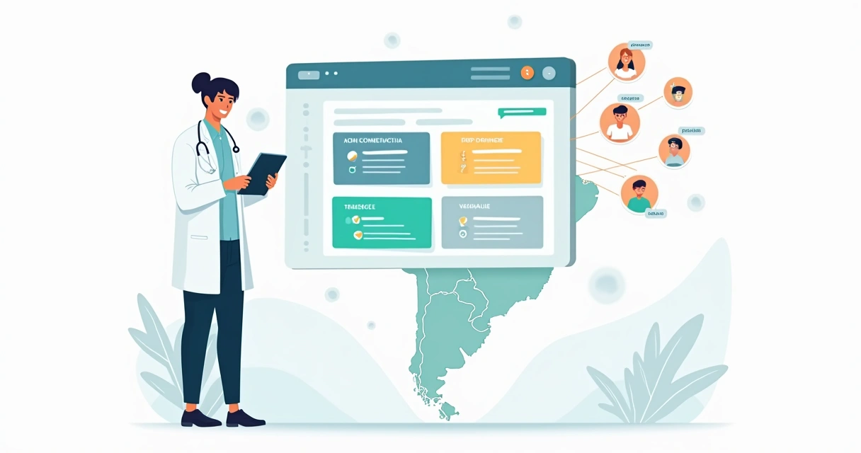 Médico organizando consultas online conectadas a convênios médicos em painel digital 