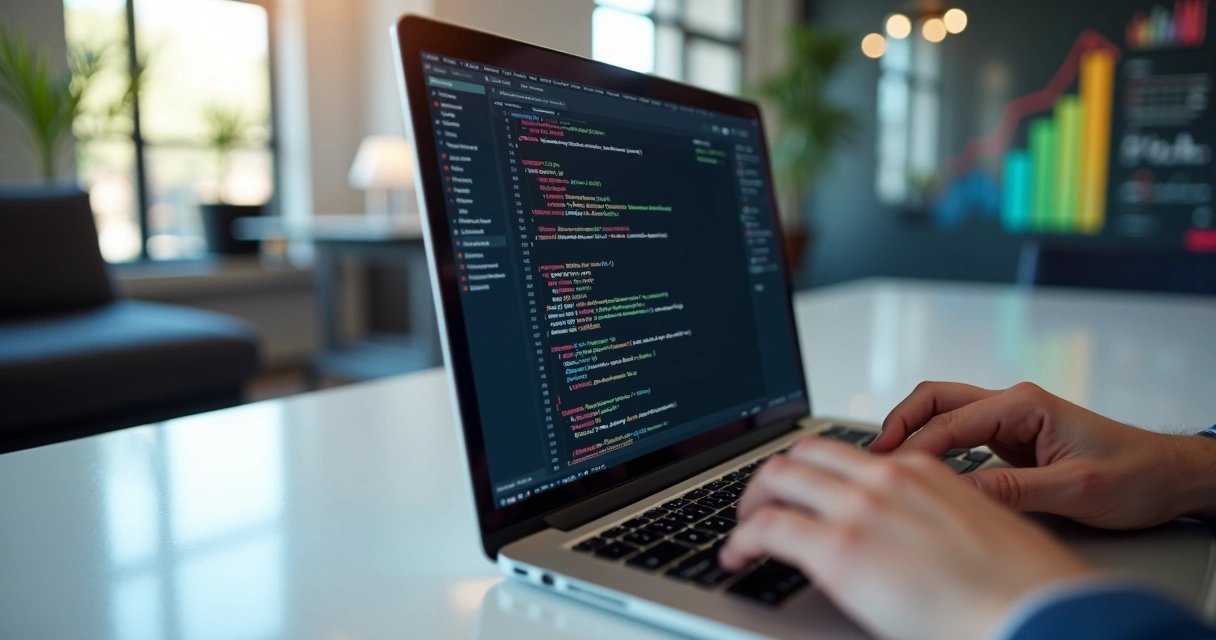 Consulta SQL sendo digitada em um laptop em ambiente de escritório 