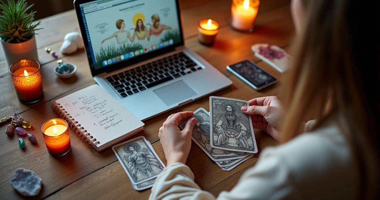 Tarot consultation in progress with cards, laptop, and notebook. 