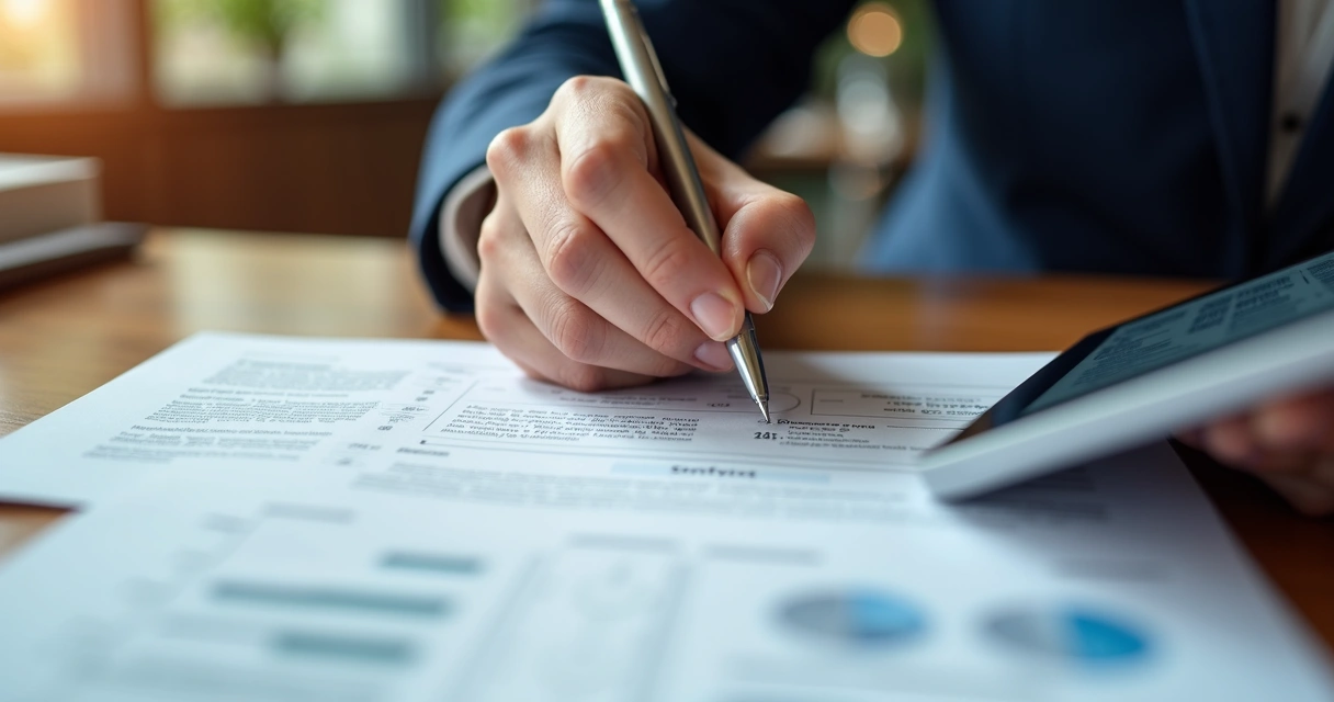 Hands reviewing a consulting contract with milestones highlighted 