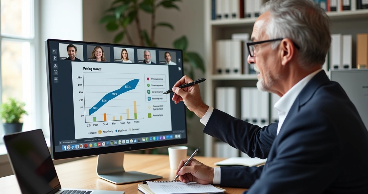 Consultor 50 mais apresentando estratégia de precificação em reunião online 